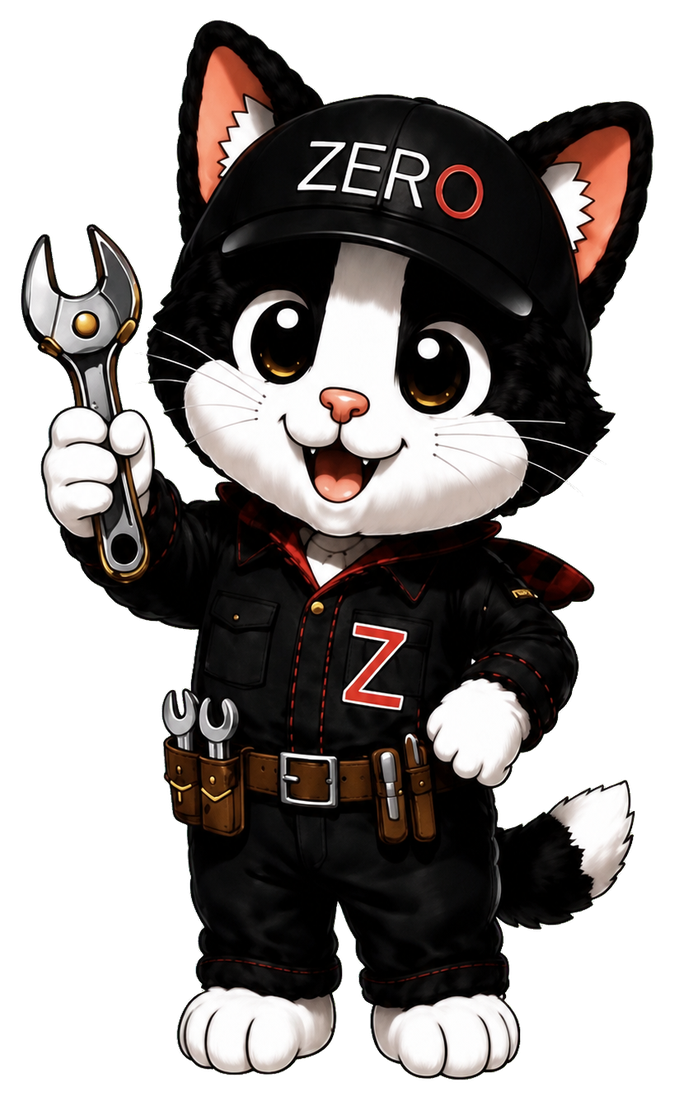 ZEROのイメージキャラクター、工具を持った猫の整備士ぎんぱち君